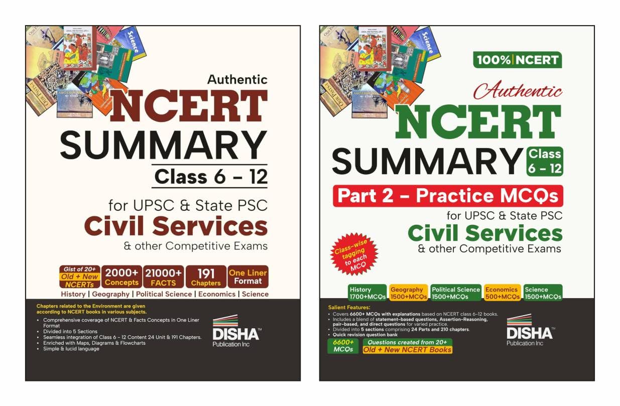 Disha Combo (2 Books) Authentic NCERT Summary (Class 6 to 12) Part 1 & 2 - One Liner Concepts & Practice MCQs for UPSC & State PSC Civil Services & ... Exams | Old & New NCERT General Studies